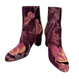Steve Madden Women 9.5M Elissa Ankle Boots Velvet Floral Block Heel Maroon Artsy